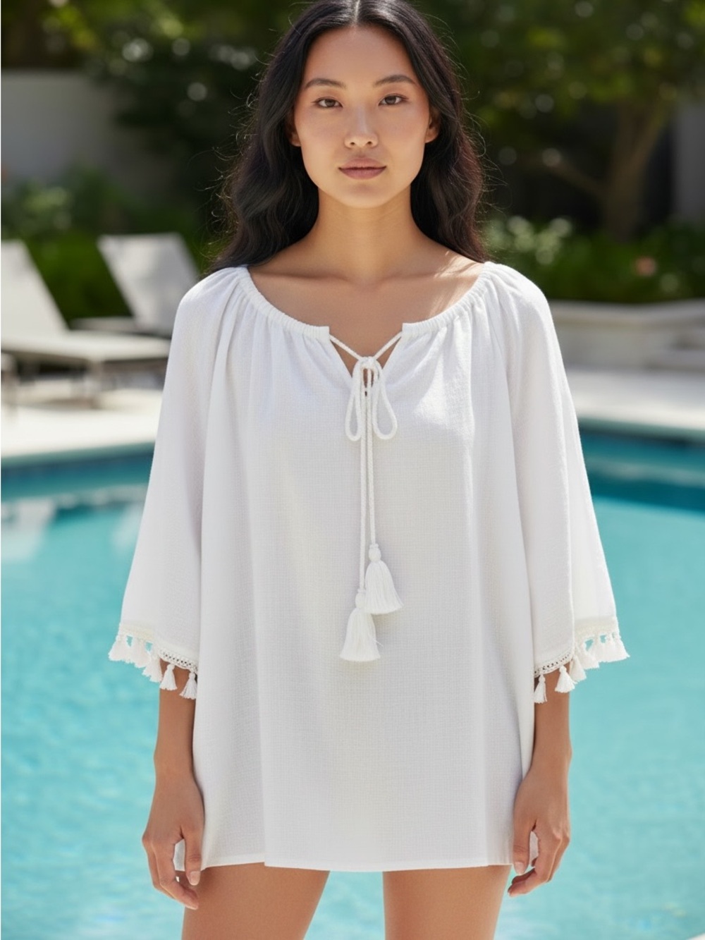 Baci Italy Boho Linen Cold Shoulder Swim Cover Up Tunic White Pom Pom OS Beach